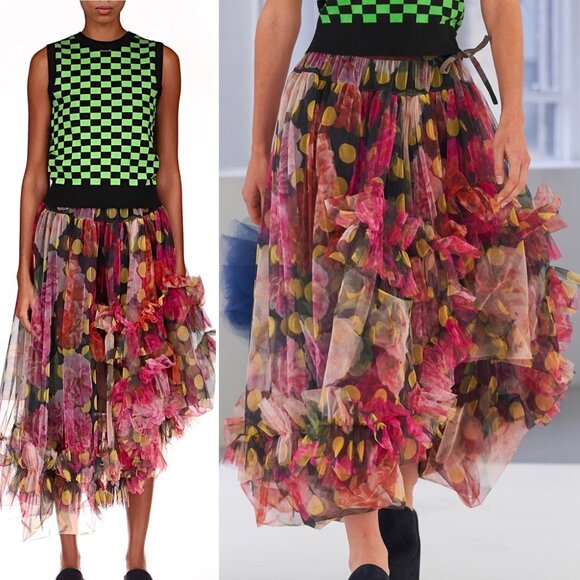 Molly Goddard Amma Asymmetric Tiered Tulle Mesh Ruffle Midi Tutu Skirt Floral - Picture 1 of 6